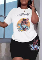 Plus Size Women Letter Print Top and Shorts Two-piece Set