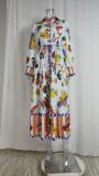 Women Chic Balloon Sleeve Turndown Collar Long Sleeve Dress