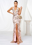 Women v-neck Halter Neck Bodycon sequin Formal Party slit evening dress