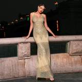 Women sleeveless v-neck Bodycon sequin Formal Party fishtail evening dress