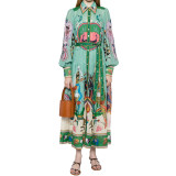 Women Chic Balloon Sleeve Turndown Collar Long Sleeve Dress