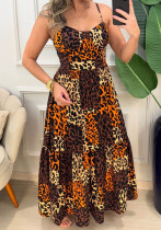 Women Print Holidays Casual Suspender Sleeve Leopard Print Dress