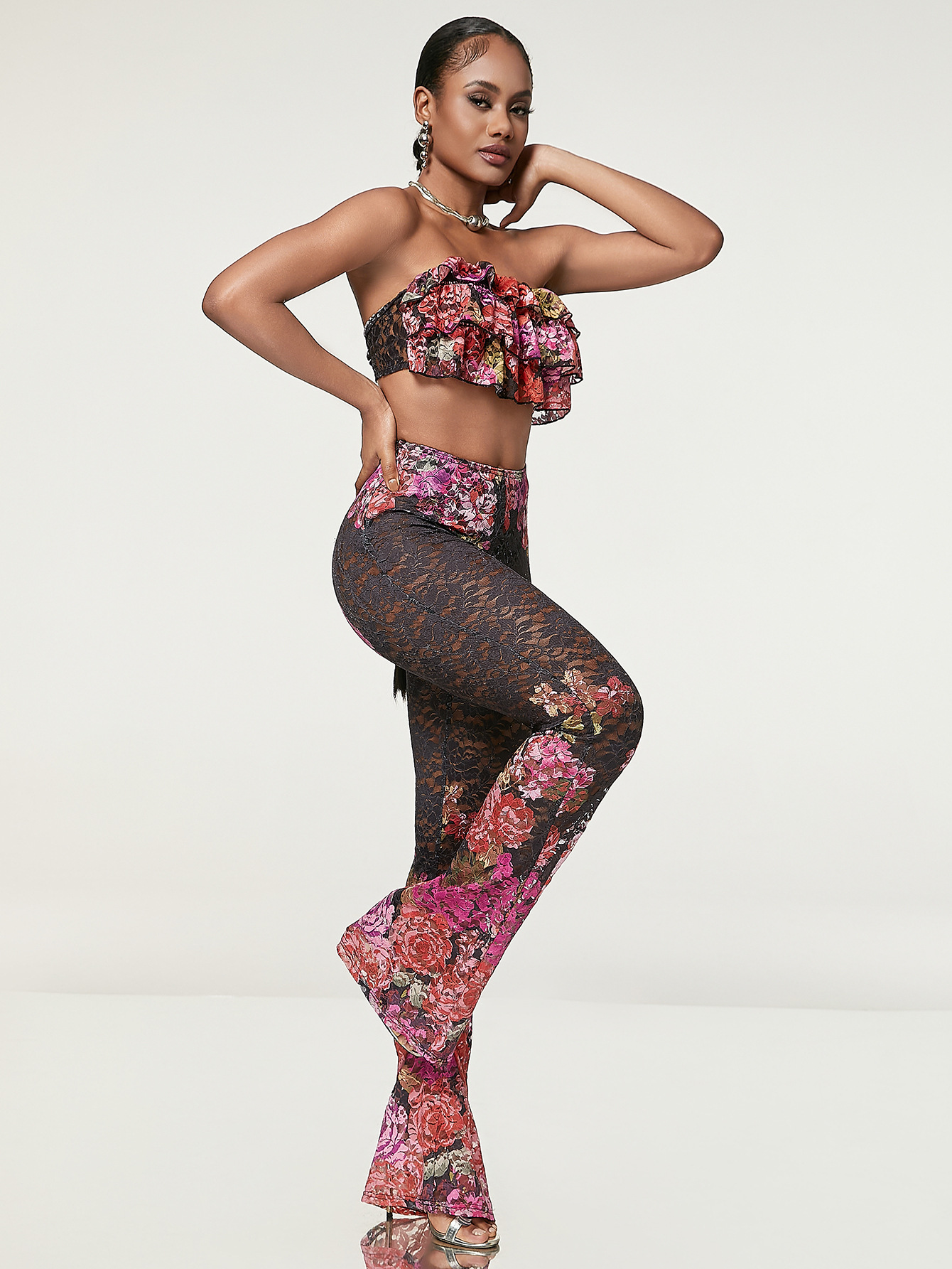 Women printed Strapless Top and See-Through Lace Bell Bottom Pants two-piece set