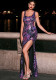 Women sleeveless square neck Bodycon sequin Formal Party slit fishtail evening dress