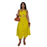 Women Elegant Career Solid Knot Halter Neck Lace-Up Dress
