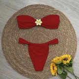 Women Solid Metallic Flower Strapless Two Pieces Swimsuit