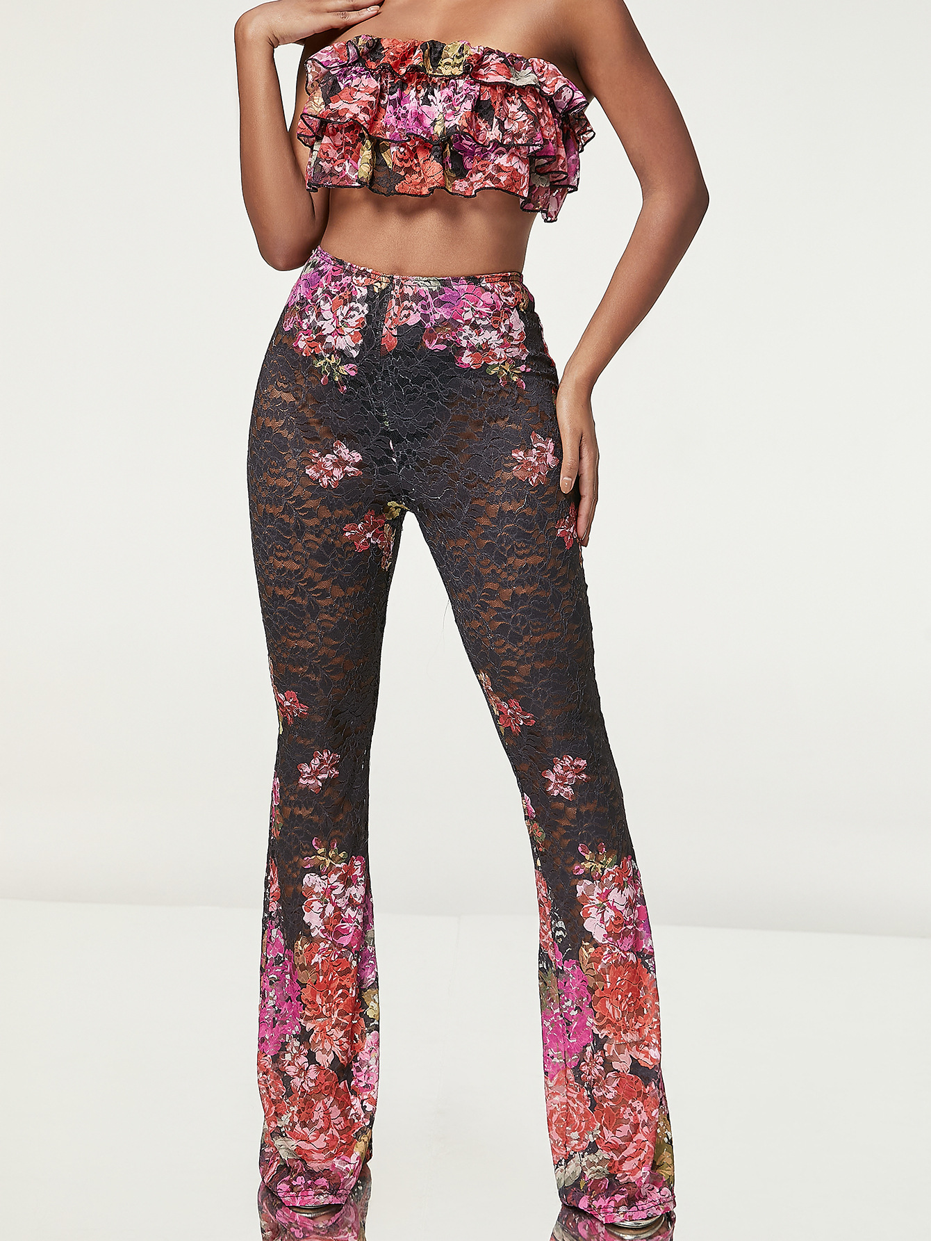 Women printed Strapless Top and See-Through Lace Bell Bottom Pants two-piece set