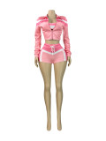 Women printed long sleeve Halter Neck Lace-Up Tops and Shorts Sports Three-Piece