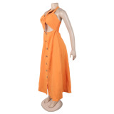 Women Elegant Career Solid Knot Halter Neck Lace-Up Dress