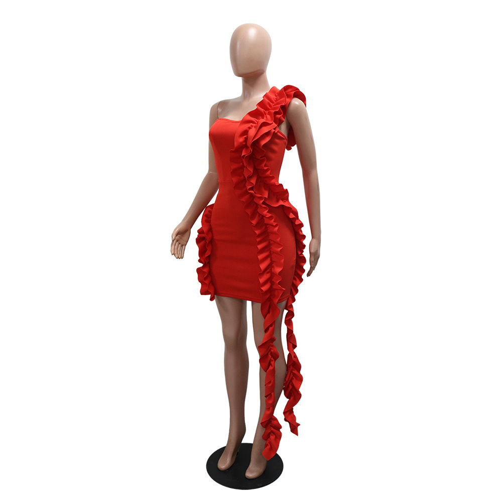 Women one shoulder ruffle edge formal party bodycon dress