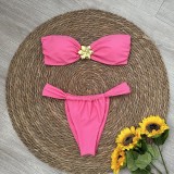 Women Solid Metallic Flower Strapless Two Pieces Swimsuit