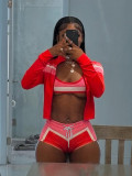 Women printed long sleeve Halter Neck Lace-Up Tops and Shorts Sports Three-Piece