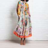 Women Chic Balloon Sleeve Turndown Collar Long Sleeve Dress