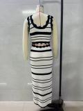Women striped knitting vest top Contrast color skirt two-piece set