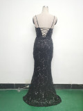 Women beaded cross Lace-Up hollow Patchwork Formal Party evening dress