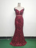Women beaded cross Lace-Up hollow Patchwork Formal Party evening dress