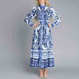 Women Chic Balloon Sleeve Turndown Collar Long Sleeve Dress