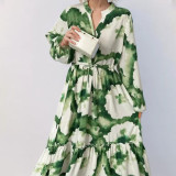 Women Chic Balloon Sleeve Turndown Collar Long Sleeve Dress