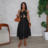 Women Elegant Career Solid Knot Halter Neck Lace-Up Dress
