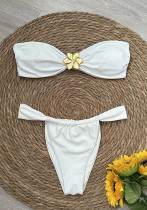 Women Solid Metallic Flower Strapless Two Pieces Swimsuit