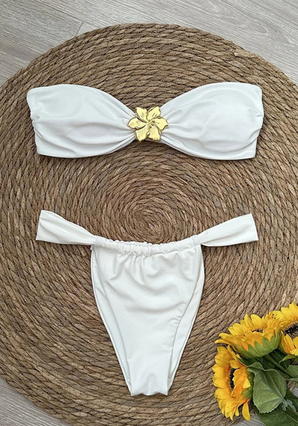 Women Solid Metallic Flower Strapless Two Pieces Swimsuit