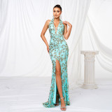 Women v-neck Halter Neck Bodycon sequin Formal Party slit evening dress