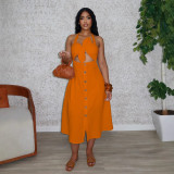 Women Elegant Career Solid Knot Halter Neck Lace-Up Dress