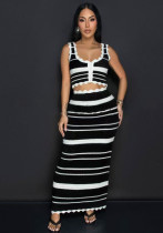 Women striped knitting vest top Contrast color skirt two-piece set