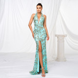 Women v-neck Halter Neck Bodycon sequin Formal Party slit evening dress
