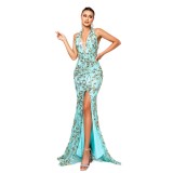 Women v-neck Halter Neck Bodycon sequin Formal Party slit evening dress