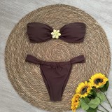 Women Solid Metallic Flower Strapless Two Pieces Swimsuit