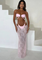 Women Sexy Bikini Strapless Swimsuit Maxi Dress Set