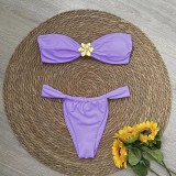 Women Solid Metallic Flower Strapless Two Pieces Swimsuit