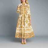 Women Chic Balloon Sleeve Turndown Collar Long Sleeve Dress