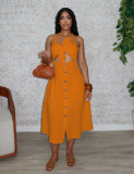 Women Elegant Career Solid Knot Halter Neck Lace-Up Dress
