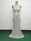 Women beaded cross Lace-Up hollow Patchwork Formal Party evening dress
