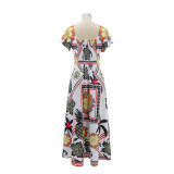 Women Print Holidays Casual Ruffle Sleeve V-Neck Floral Dress