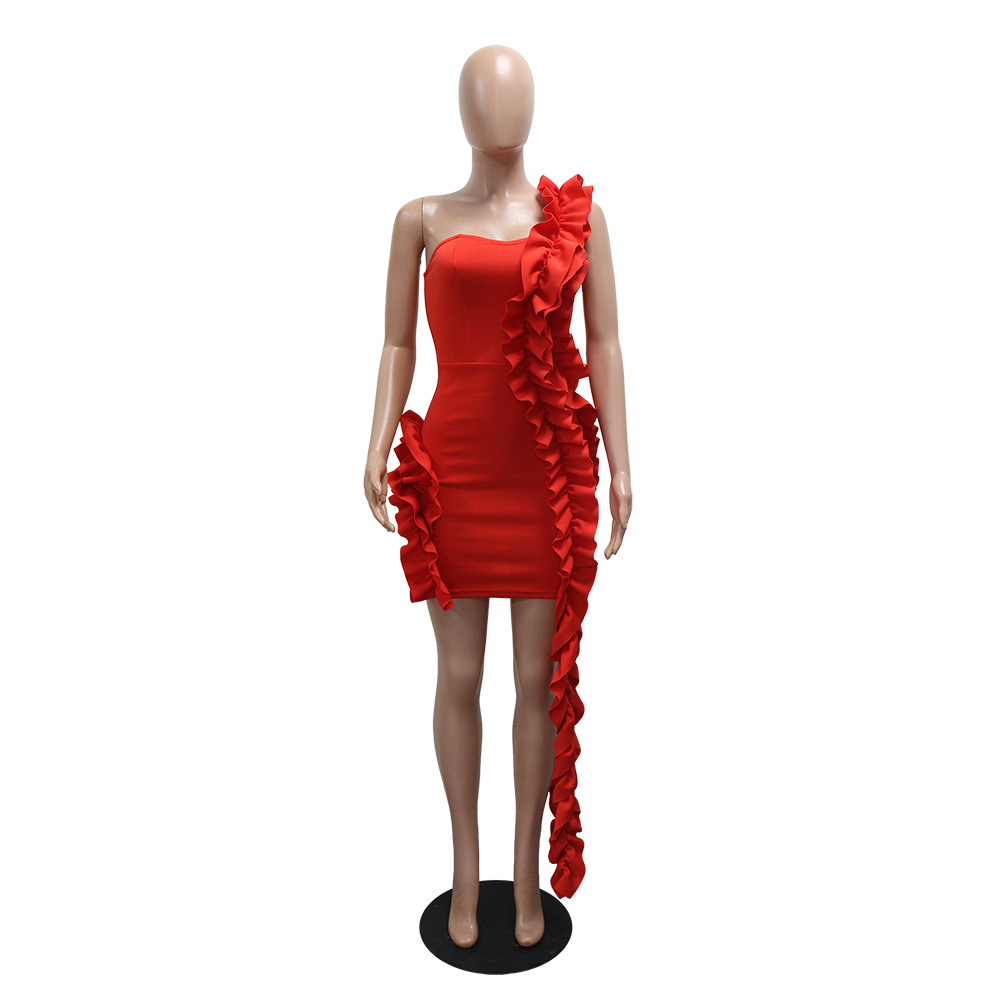 Women one shoulder ruffle edge formal party bodycon dress