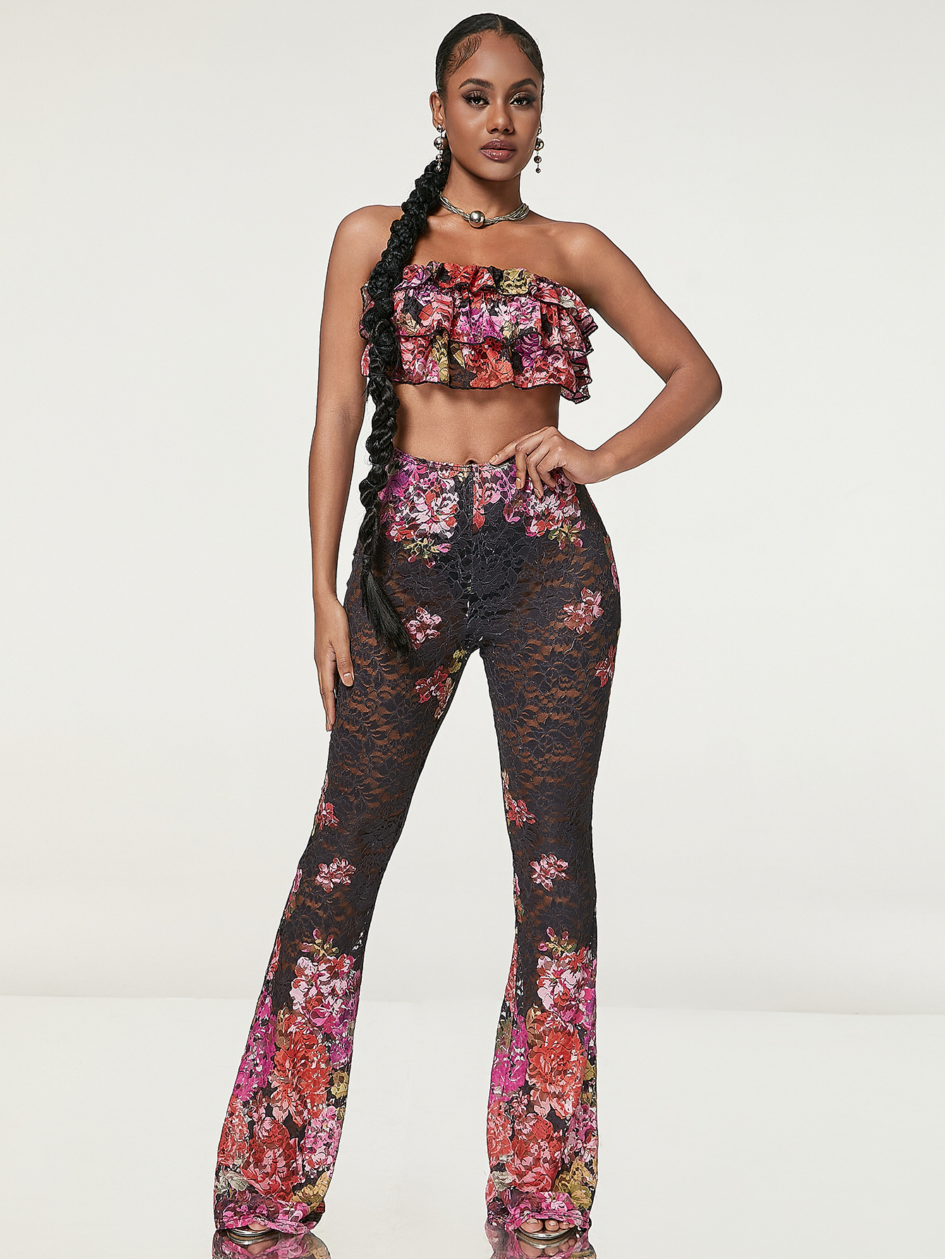 Women printed Strapless Top and See-Through Lace Bell Bottom Pants two-piece set