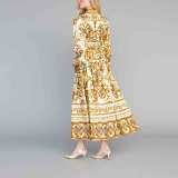 Women Chic Balloon Sleeve Turndown Collar Long Sleeve Dress
