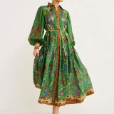 Women Chic Balloon Sleeve Turndown Collar Long Sleeve Dress