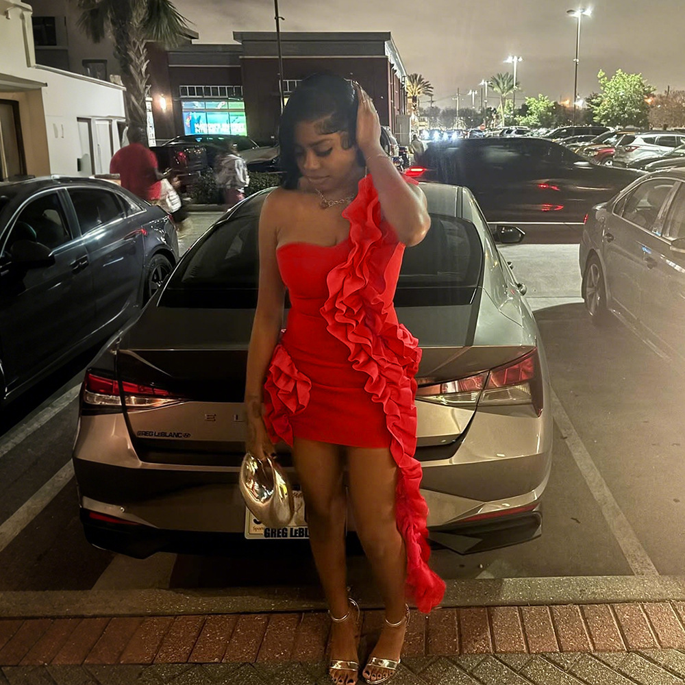 Women one shoulder ruffle edge formal party bodycon dress