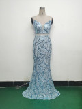 Women beaded cross Lace-Up hollow Patchwork Formal Party evening dress