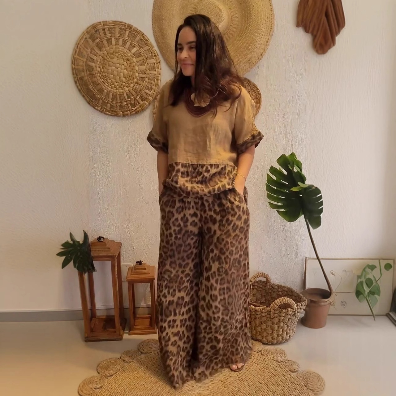 Women's Fashion Loose Patchwork Short-Sleeve Top & High-Waist Wide-Leg Pants Set