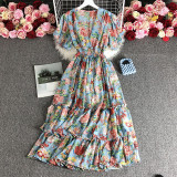 Floral V-Neck Ruffled High-Waist Slim Fit Print Maxi Dress