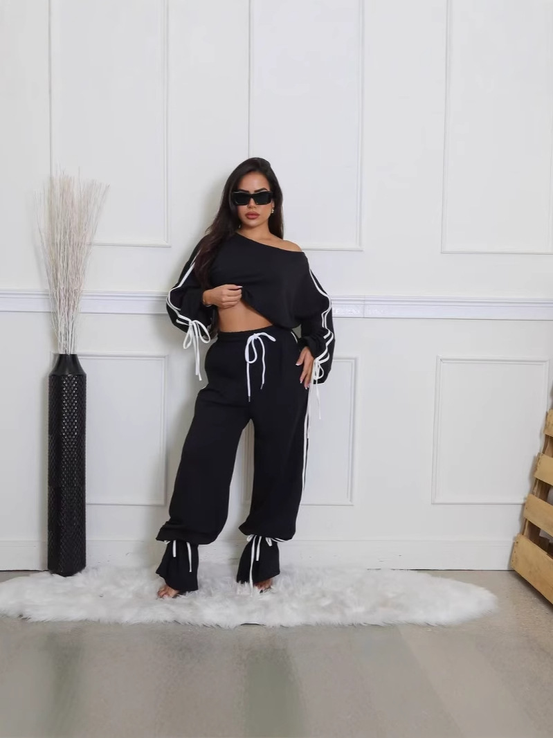 Autumn Casual Women's Solid Color Loose Webbing-Trimmed Two-Piece Pants Set