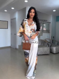 Women's Print Loose Fashion Lantern-Sleeve Blouse & Wide-Leg Pants Set
