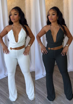 Elegant Sexy Slim Elastic Hollow Ring Halter Neck Lace-Up Jumpsuit