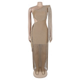 Fashion Women's Sexy Casual One-Shoulder Tassel Maxi Dress