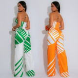 Fashion Women's Summer Casual Low-Back Slash-Shoulder Striped Jumpsuit